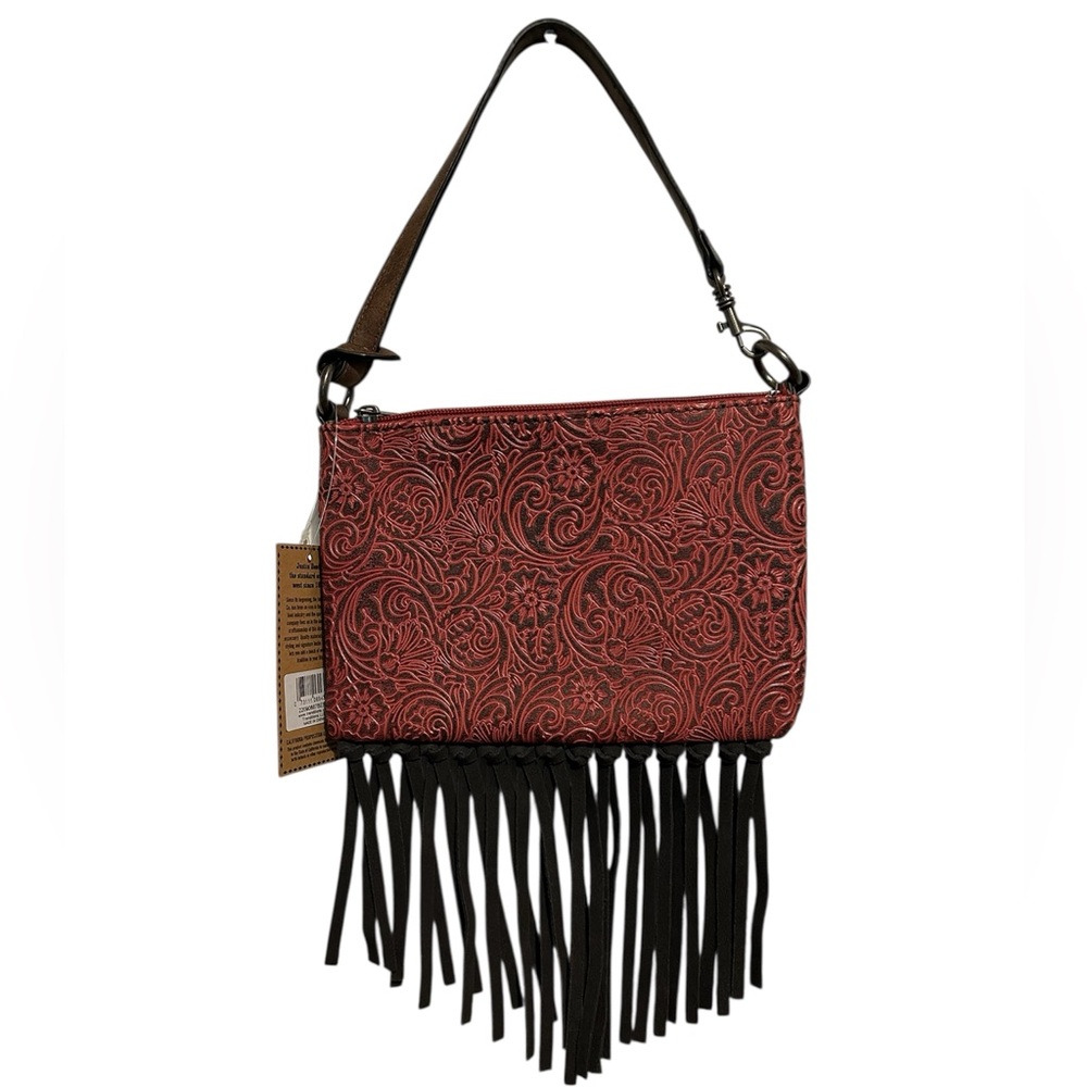NWT: Justin Boots Brand Tooled Embossed Fringe Convertible Bag